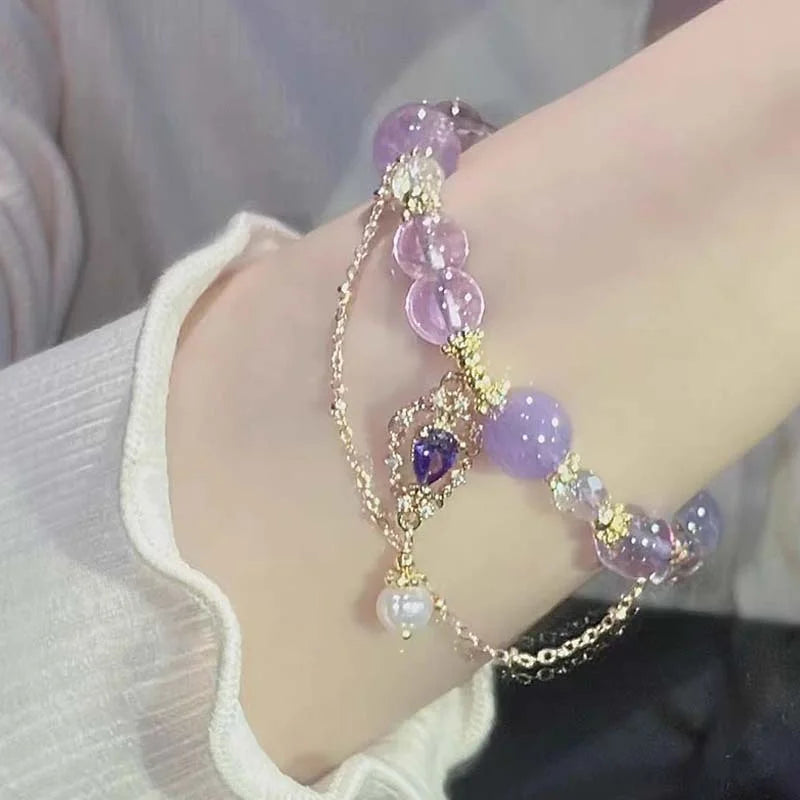 Fashion Korean Sweet Crystal Beads Bracelet for Women Exquisite Feather Butterfly Tassel Charm Bracelet Girls Party Jewelry Gift