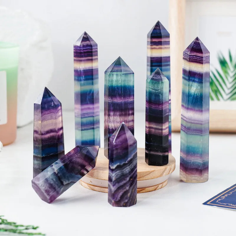 3-10cm Rainbow Hexagonal Prism Natural Fluorite Crystal Striped Rainbow Quartz Healing Stone Ornaments Gifts Room Decoration