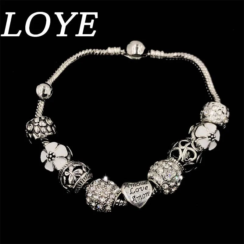 Luxury Silver Plated Heart Love Charm Crystal Beads bracelet for Women Fashion DIY Jewelry Fit Original Brand Bracelets Gift