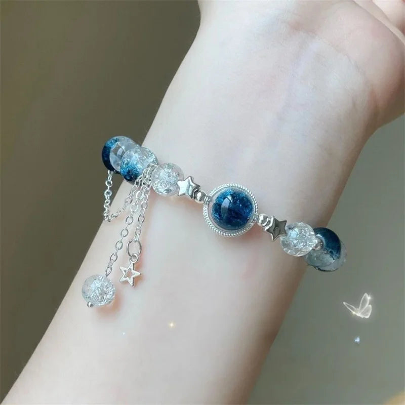 Fashion Korean Sweet Crystal Beads Bracelet for Women Exquisite Feather Butterfly Tassel Charm Bracelet Girls Party Jewelry Gift