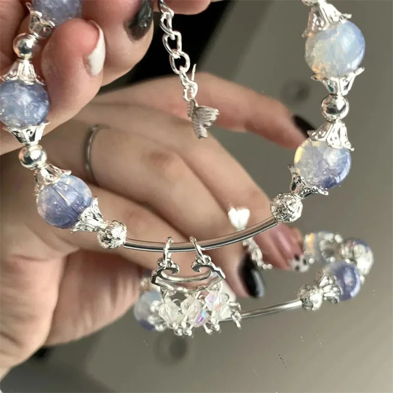 Fashion Korean Sweet Crystal Beads Bracelet for Women Exquisite Feather Butterfly Tassel Charm Bracelet Girls Party Jewelry Gift