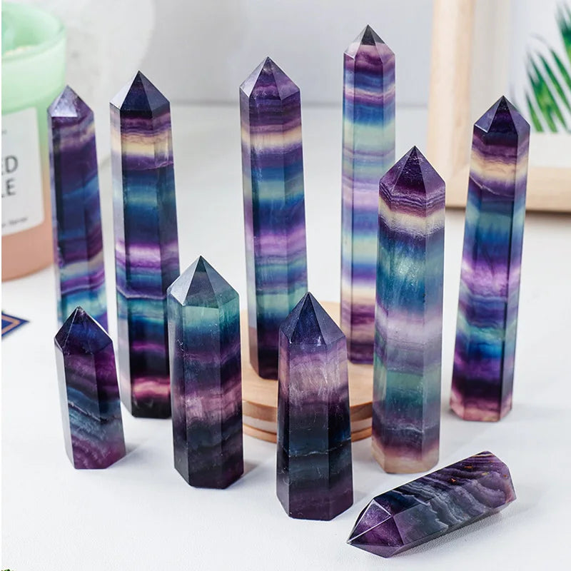 3-10cm Rainbow Hexagonal Prism Natural Fluorite Crystal Striped Rainbow Quartz Healing Stone Ornaments Gifts Room Decoration