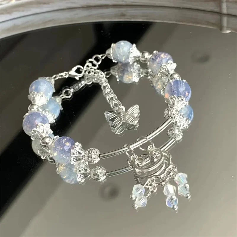 Fashion Korean Sweet Crystal Beads Bracelet for Women Exquisite Feather Butterfly Tassel Charm Bracelet Girls Party Jewelry Gift