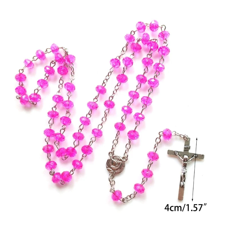 Fashion  Rosary Necklace Flat Imitation Crystal Beads Rose  Pendant Necklaces Women Catholic Religious Jewelry Y5GB