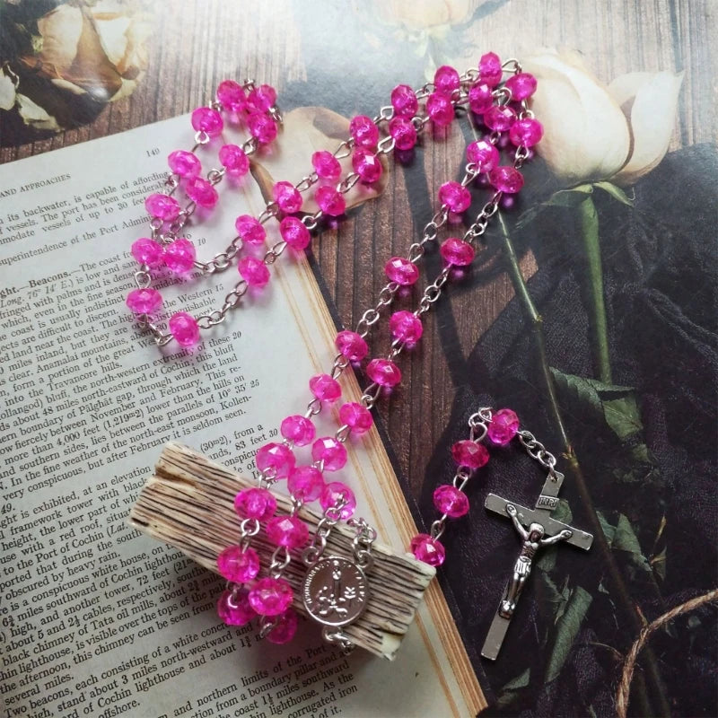 Fashion  Rosary Necklace Flat Imitation Crystal Beads Rose  Pendant Necklaces Women Catholic Religious Jewelry Y5GB