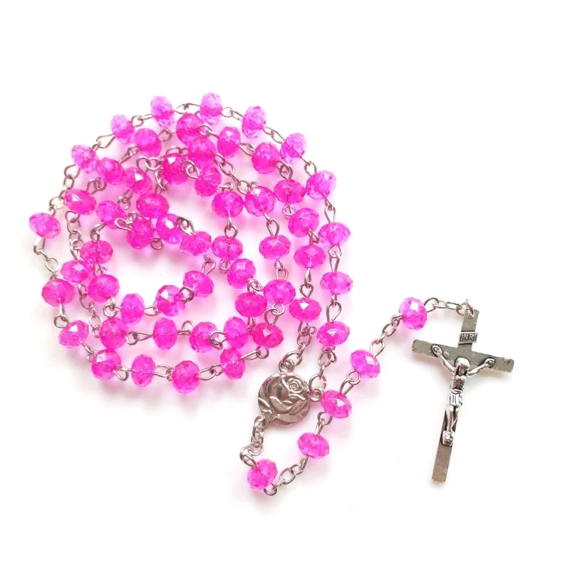 Fashion  Rosary Necklace Flat Imitation Crystal Beads Rose  Pendant Necklaces Women Catholic Religious Jewelry Y5GB