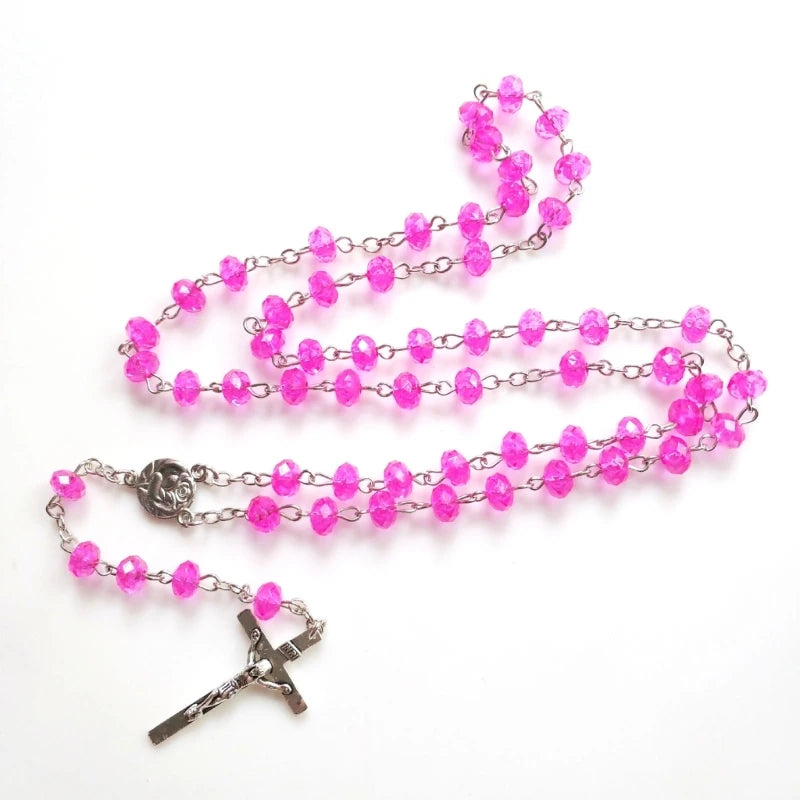 Fashion  Rosary Necklace Flat Imitation Crystal Beads Rose  Pendant Necklaces Women Catholic Religious Jewelry Y5GB