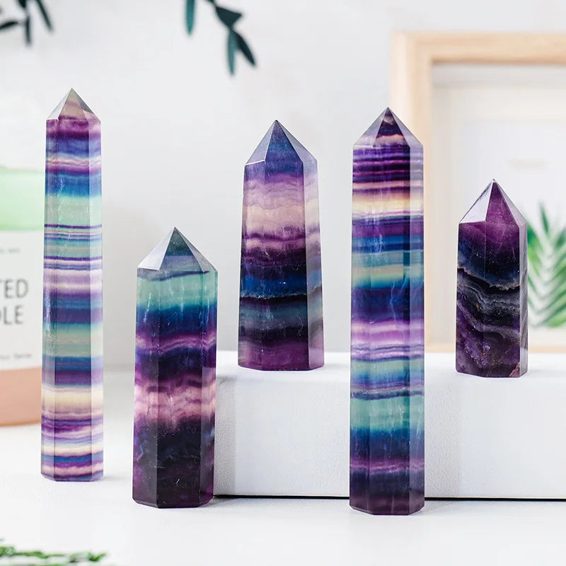 3-10cm Rainbow Hexagonal Prism Natural Fluorite Crystal Striped Rainbow Quartz Healing Stone Ornaments Gifts Room Decoration