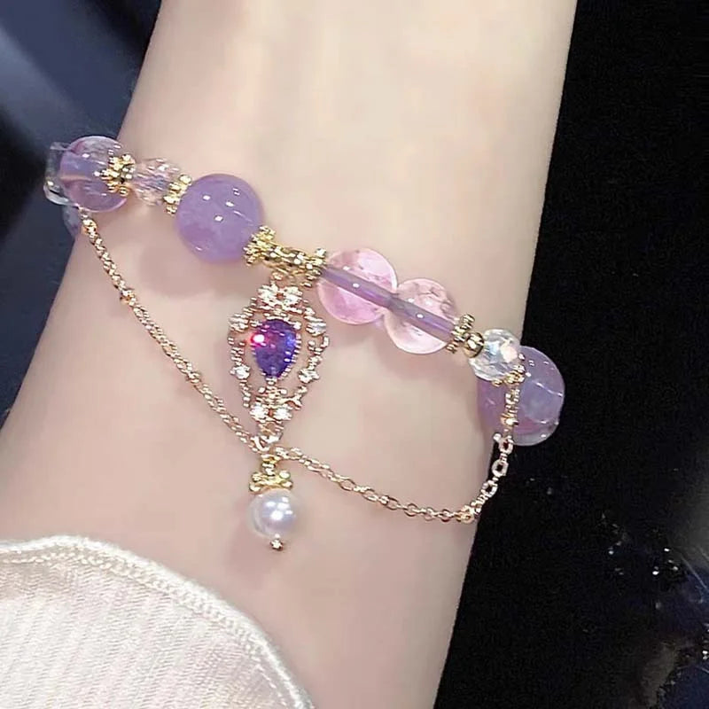 Fashion Korean Sweet Crystal Beads Bracelet for Women Exquisite Feather Butterfly Tassel Charm Bracelet Girls Party Jewelry Gift