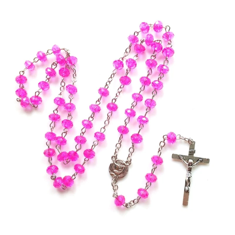 Fashion  Rosary Necklace Flat Imitation Crystal Beads Rose  Pendant Necklaces Women Catholic Religious Jewelry Y5GB