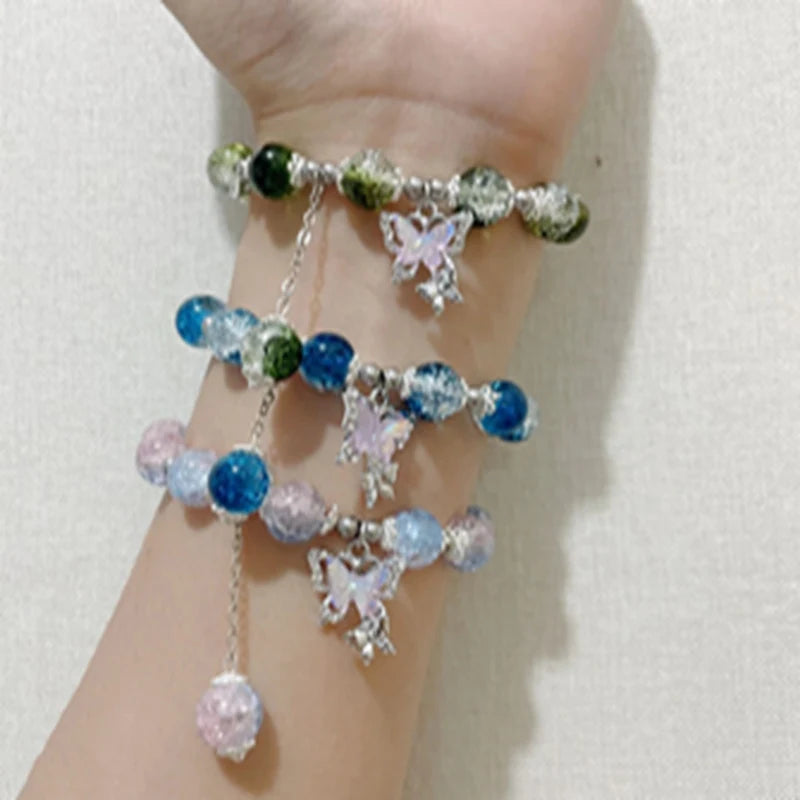 Korean New Butterfly Beaded Bracelets For Women Girls Colorful Crystal Beads Elastic Rope Charm Bracelet Party Wedding Jewelry