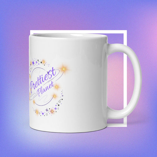 Prettiest Planet logo design White glossy tea , coffee or hot chocolate mug